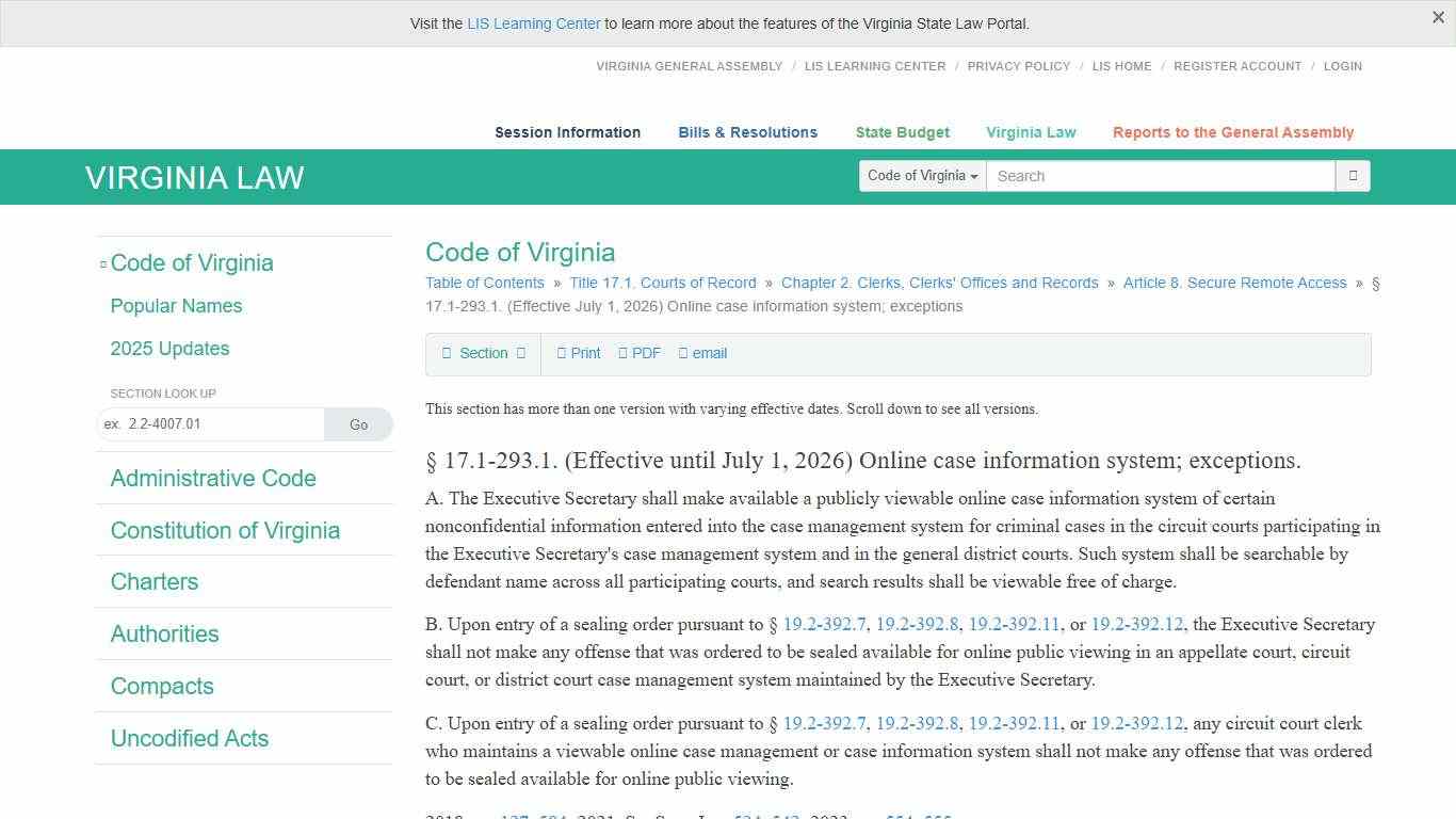 § 17.1-293.1. (Effective July 1, 2026) Online case information system; exceptions