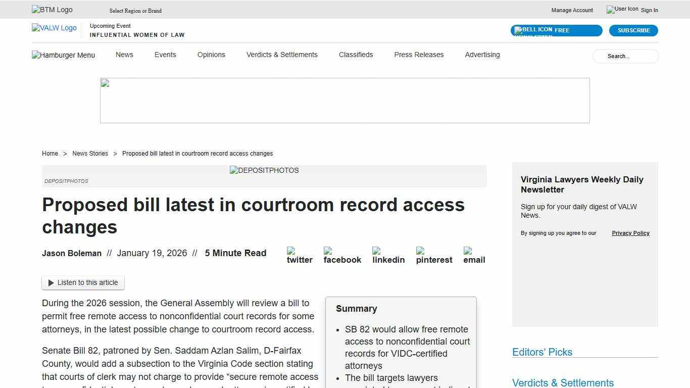 Proposed bill latest in courtroom record access changes Virginia Lawyers Weekly